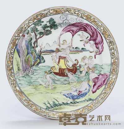 CIRCA 1742 A FAMILLE ROSE ‘FOUR ELEMENTS’ PLATE, DEPICTING WATER 